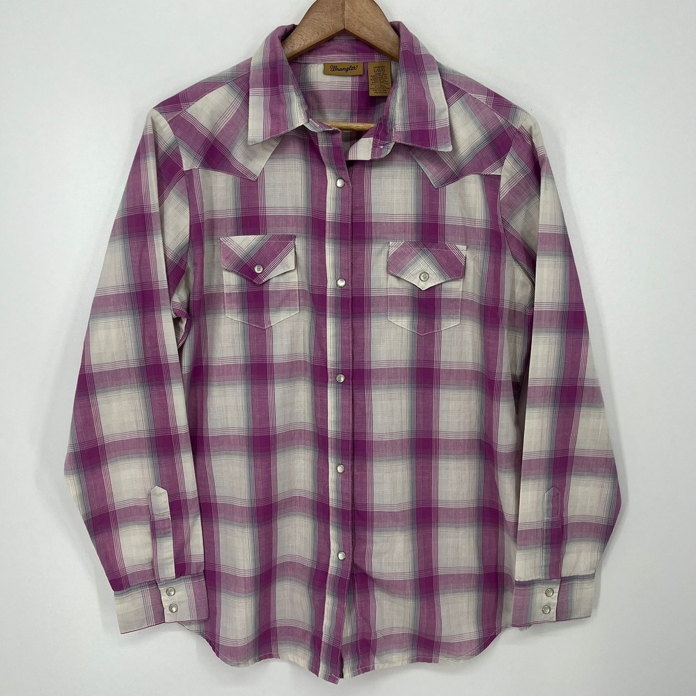 Wrangler Womens Purple Plaid Western Pearl Snap Shirt Size L Cowgirl